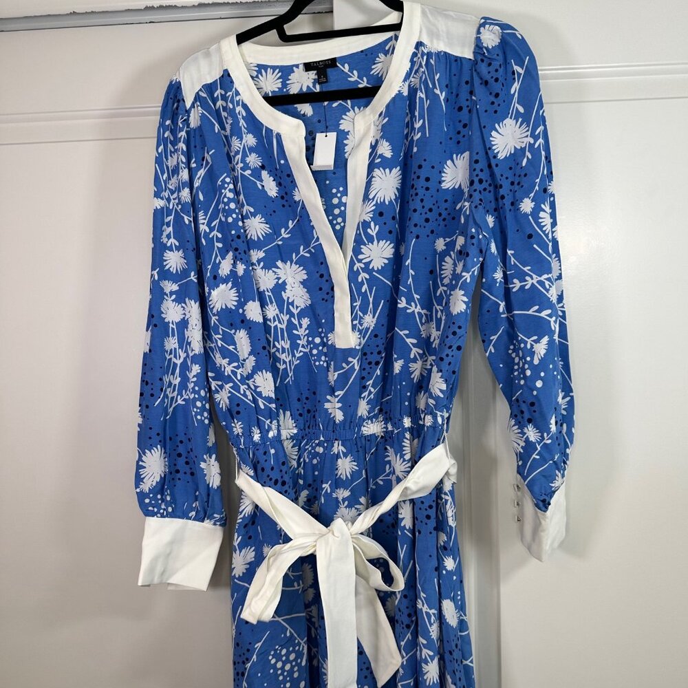 Capri Blue & White Dancing Flowers Belted Fit & Flare Shirtdress - NEW - Picture 5 of 12